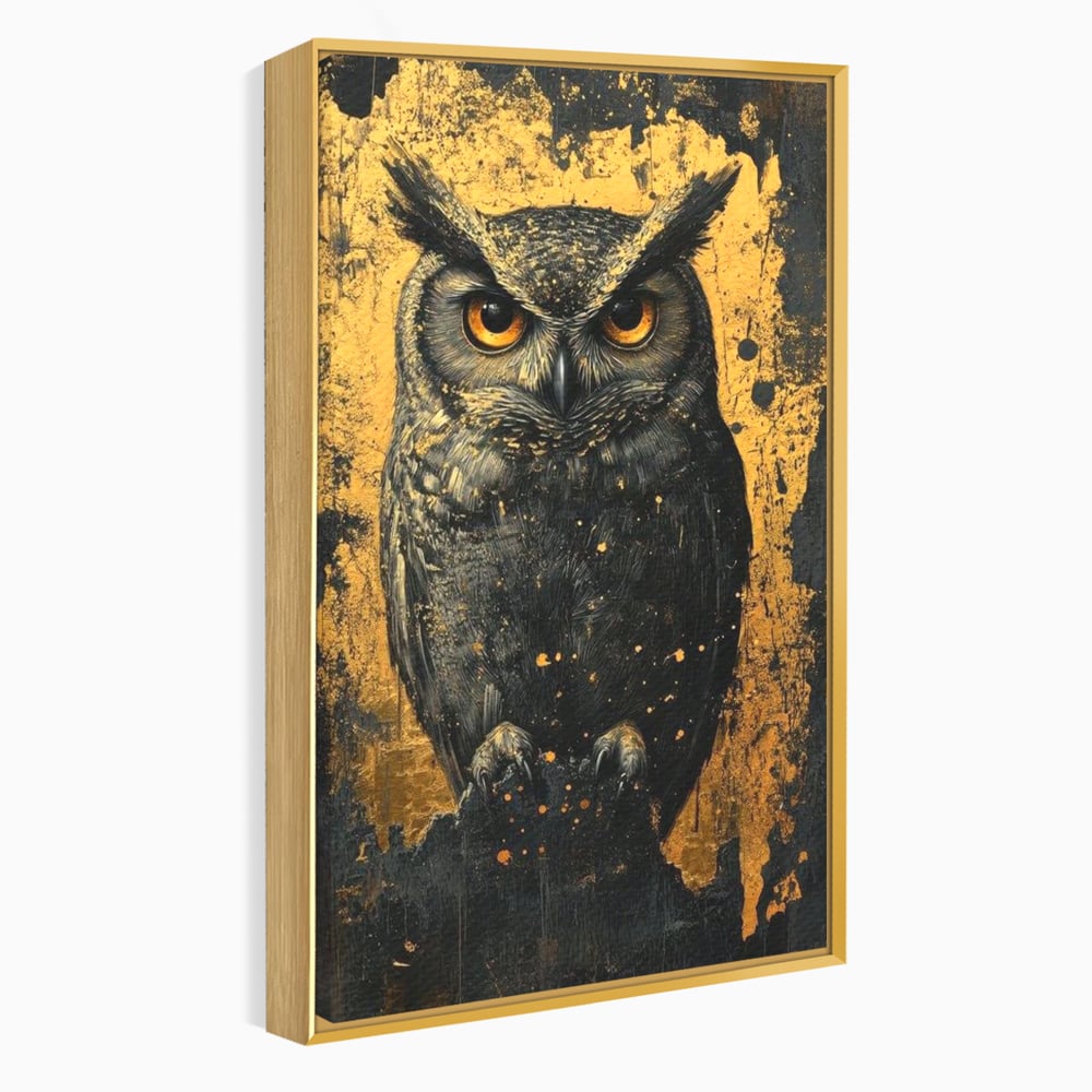 Tablou canvas cu tablou canvas cu bufnita neagra si fundal auriu, in rama de aluminiu auriu